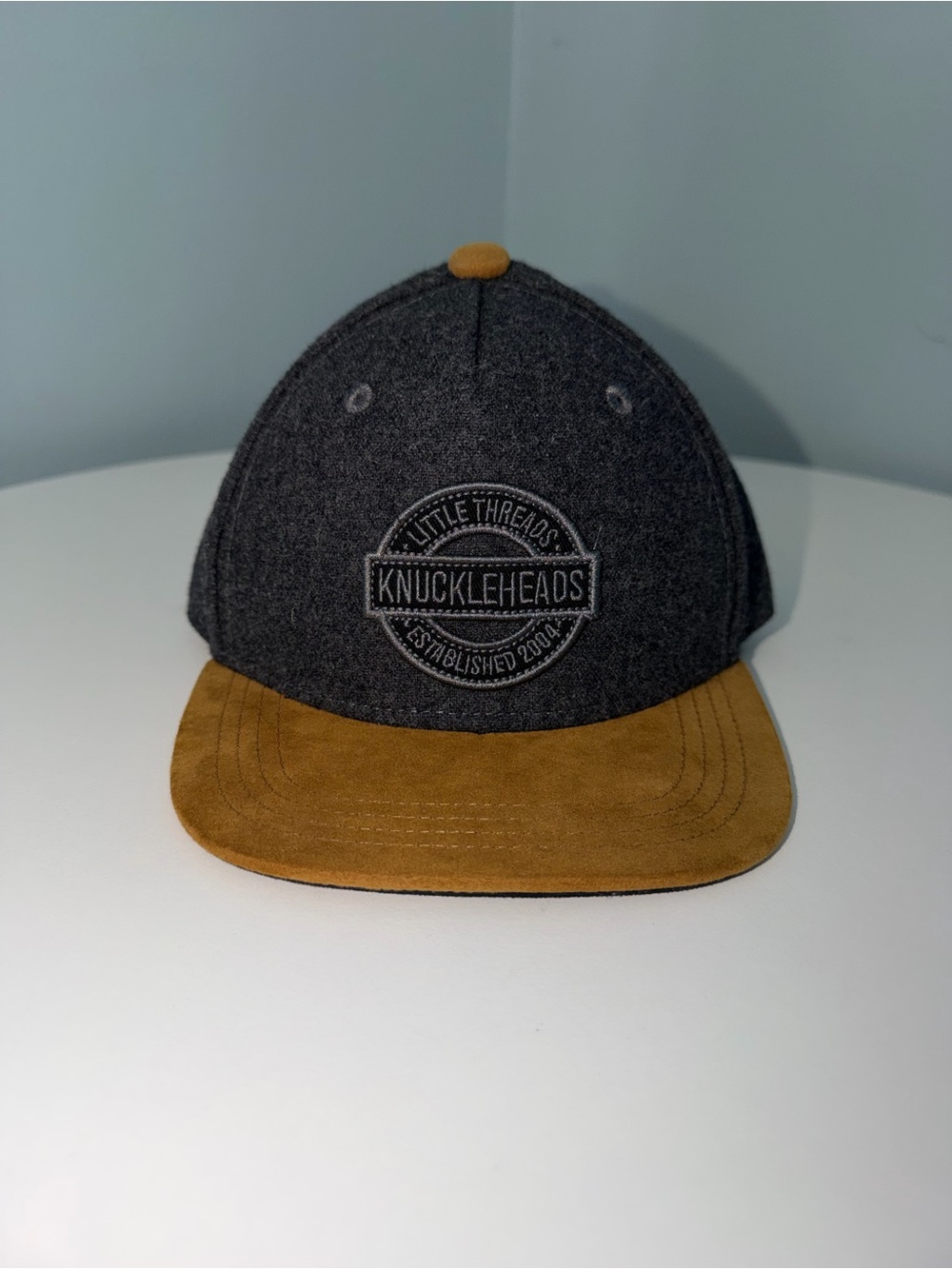 Knuckleheads XS Gray Wool Snapback with Tan suede like Brim